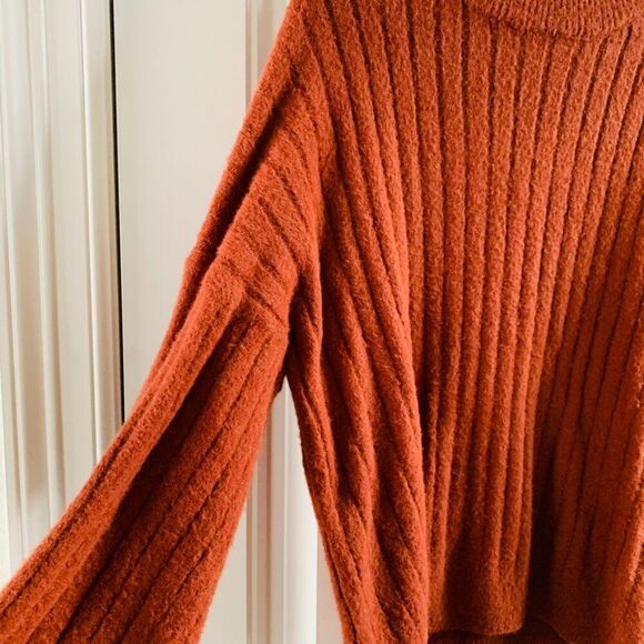 SO Womens Orange Cozy Fuzzy Ribbed Knit Oversized Crewneck Sweater | Medium - Picture 2 of 7